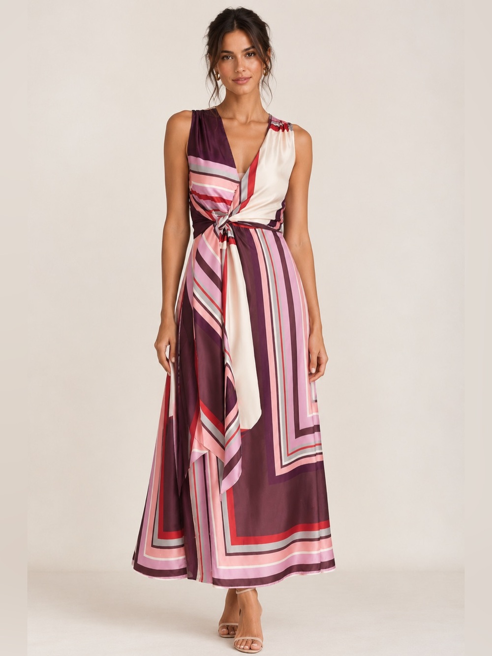 Misa Kina Striped Satin Wrap Maxi Dress Scarf Print Retro 70s Resort Boho Luxe